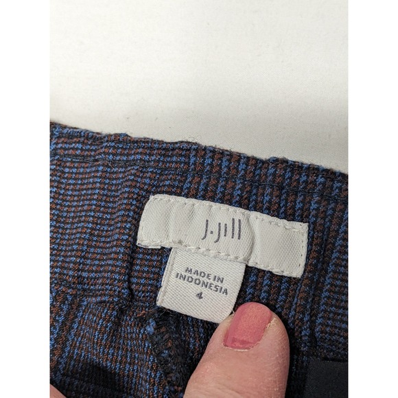 J. Jill Glen Plaid Straight Leg Trousers Navy Blue Brown Elastic Back Size 4 - Picture 4 of 9